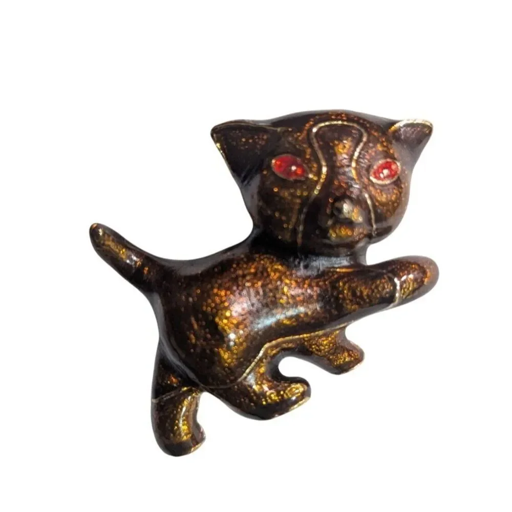 Vintage Brown Gold Glitter Enamel Kitten Cat Brooch Red Rhinestone Eyes Pin